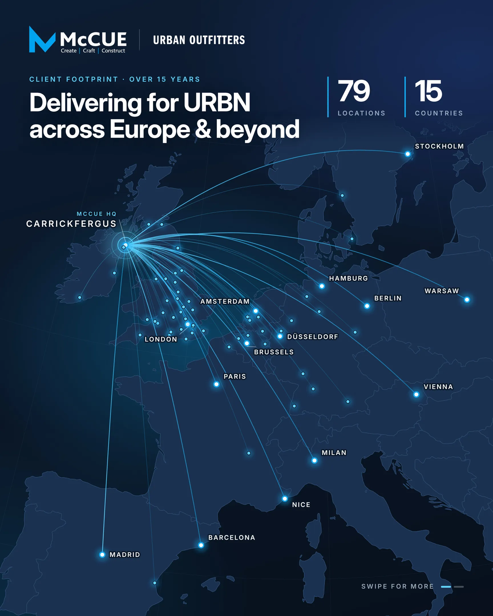Map: Delivering for URBN across Europe and beyond, 79 locations in 15 countries